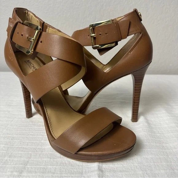 Michael Kors Brown Leather Strappy Stiletto Heels gold hardware - Picture 7 of 16